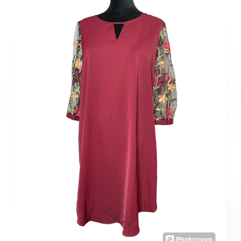 Shein Maroon W/Red & Yellow Embroidered Floral Mesh Sheer 3/4 Sleeve MIDI Dress